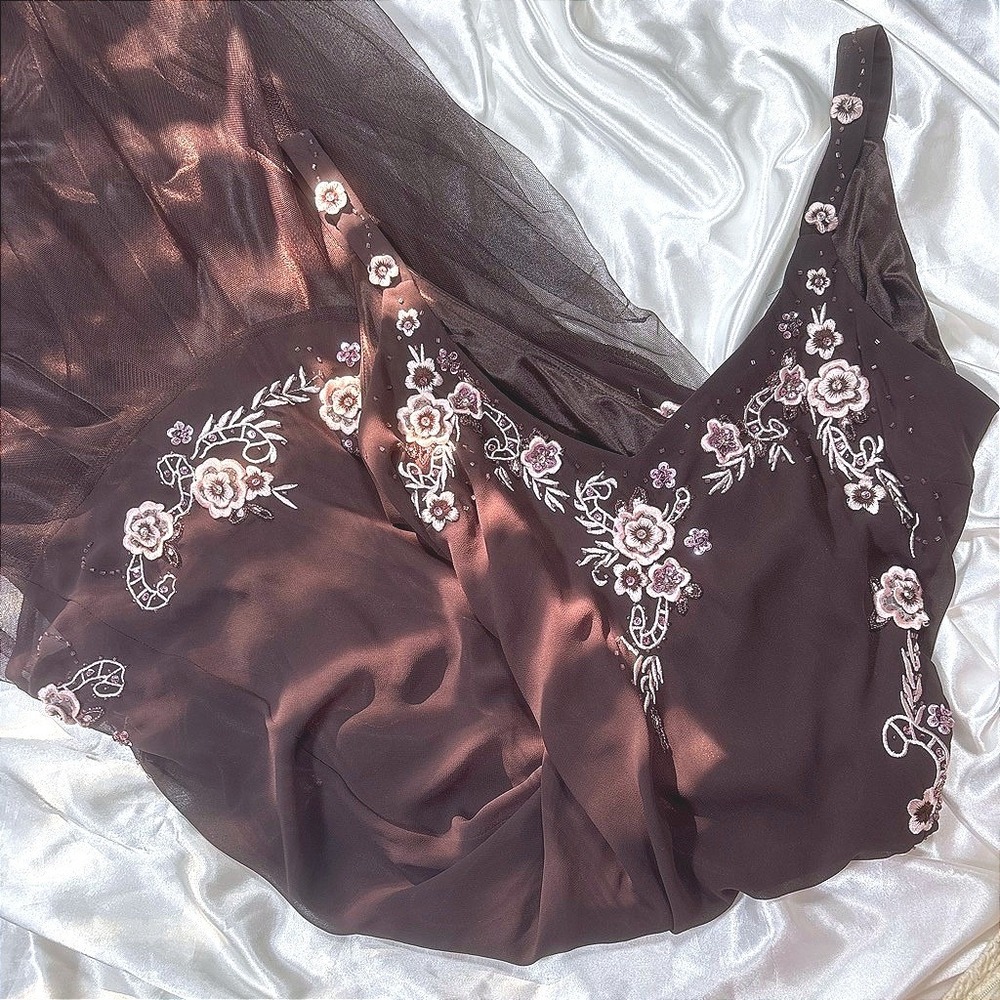 y2k Evening Gown Brown Excellent R&M Richards Floral Beaded Tulle Hem Dress 12